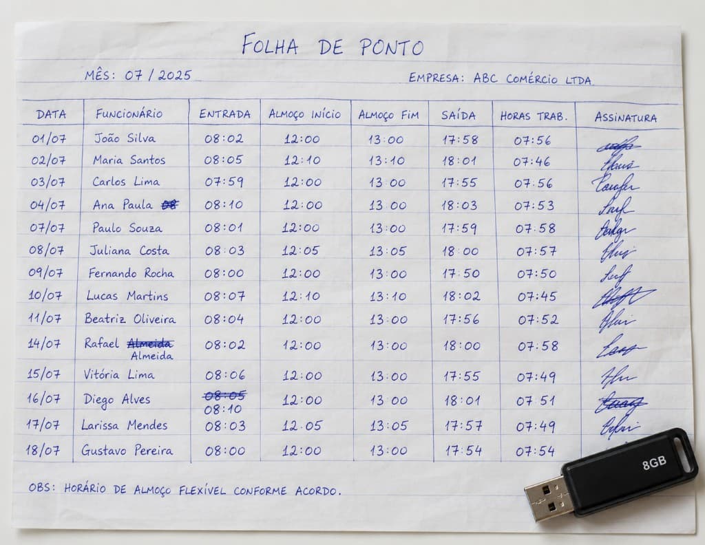 Folha de ponto escrita à mão, com rasuras e um pendrive — controle manual lento e inseguro
